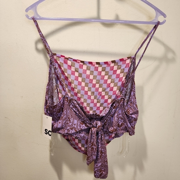 SO Juniors  Floral Checkered Pink and Brown Straps Short Casual Top Size L - Picture 9 of 12